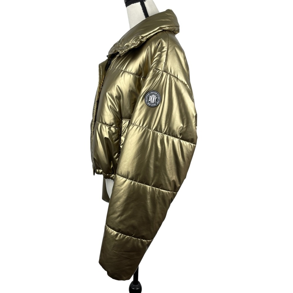 DKNY Sport Women's Puffer Jacket Large Metallic Gold Cropped Carrying Straps - Picture 7 of 14